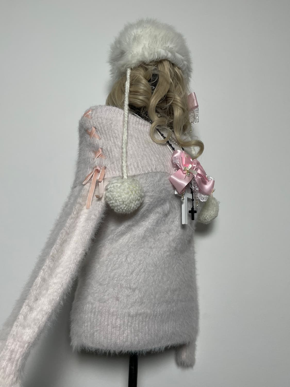 jpn 히메갸루 핑크 퍼 아일렛 리본 오프숄더 니트 상품이미지2