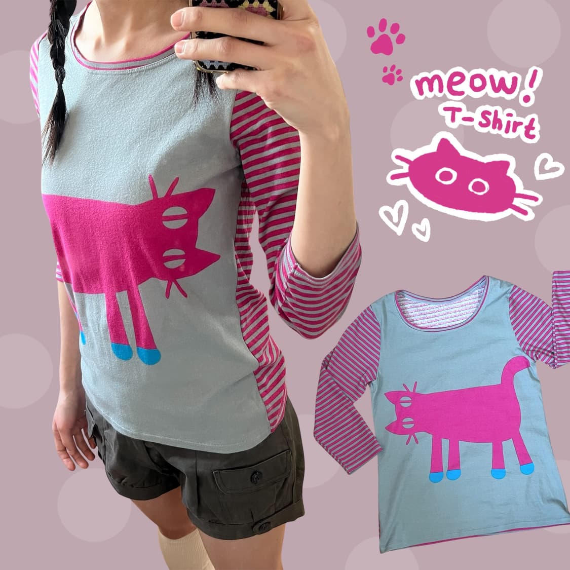 고양이🐾 그레이&핑크 빈티지 스트라이프 티셔츠 상품이미지1