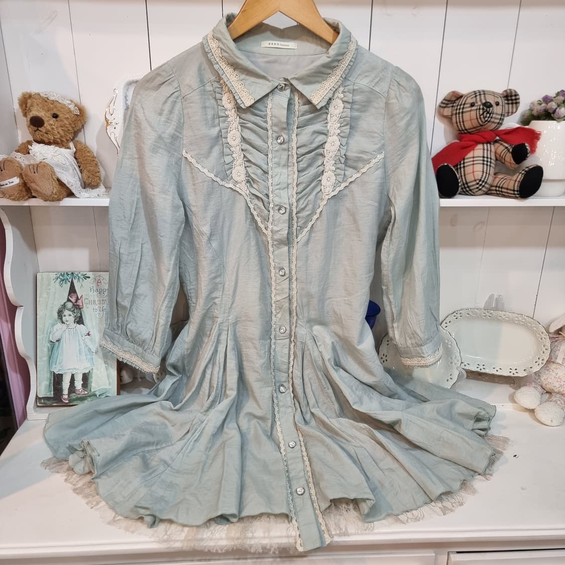 엑시즈팜(axes femme) 더스티민트 레이스 셔링 원피스 상품이미지1