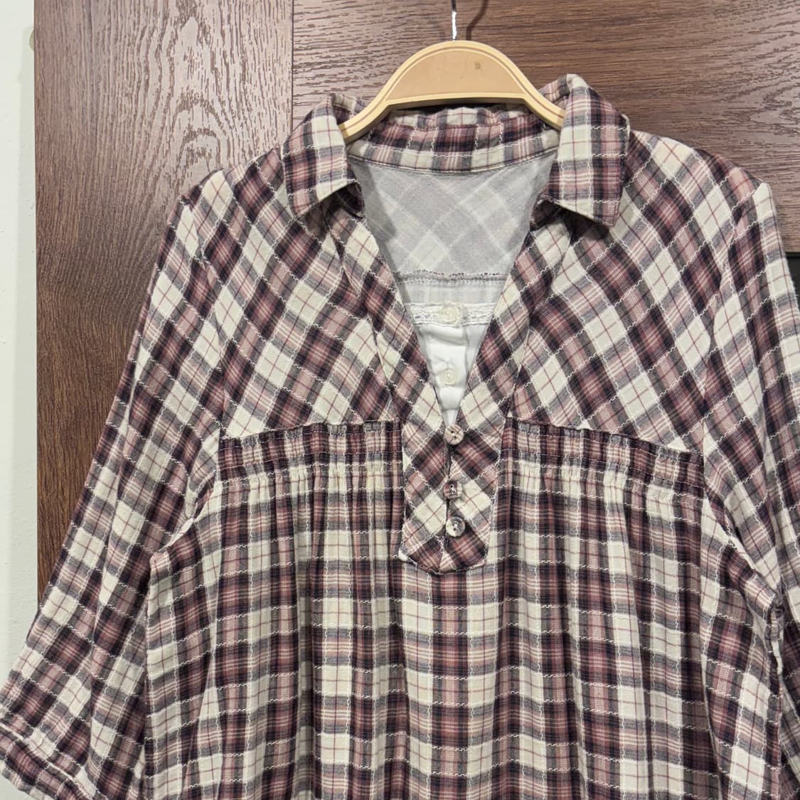 일본 빈티지 모리 너드 핑크 베이지 7부 레이어드 체크 셔츠 블라우스 상품이미지3