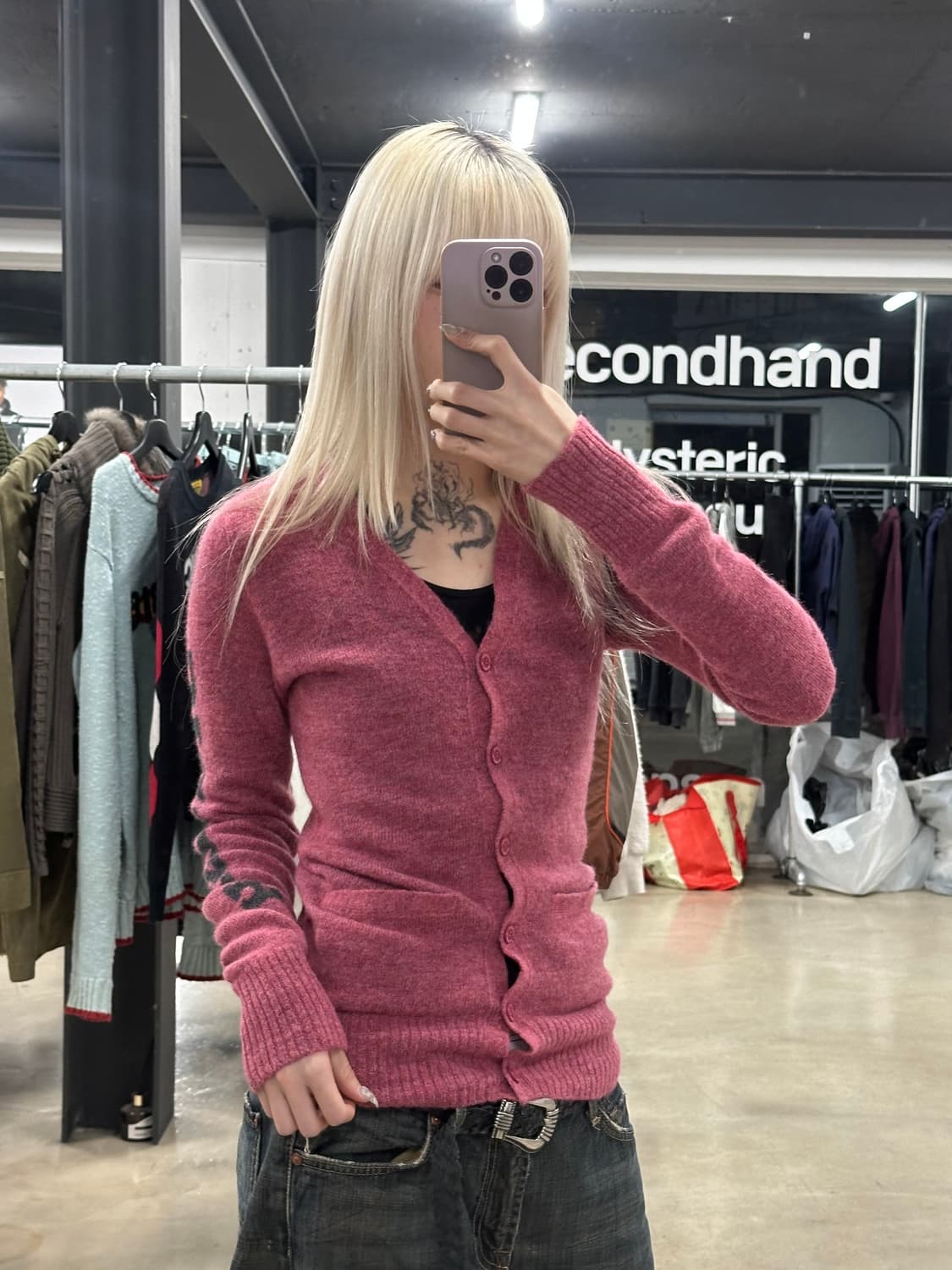 히스테릭 글래머 백프린팅 핑크 가디건 상품이미지1