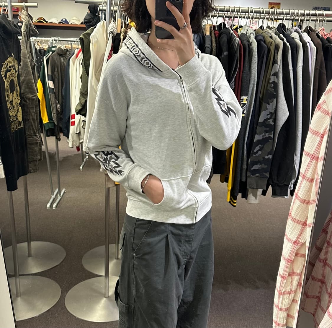 L)Japanese vintage 자수 디테일 헤더 그레이 후드집업 상품이미지1