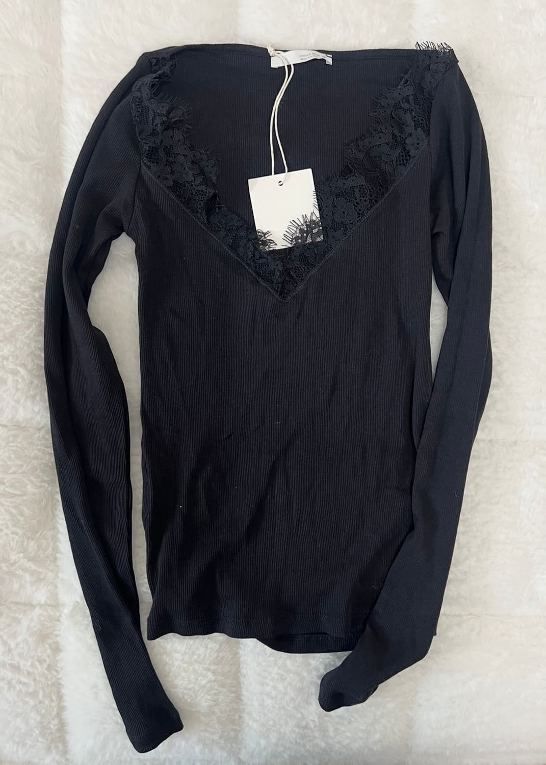 ZARA 자라 레이스 리브드 티셔츠 블랙, 자라 레이스 티 셔츠 상품이미지4