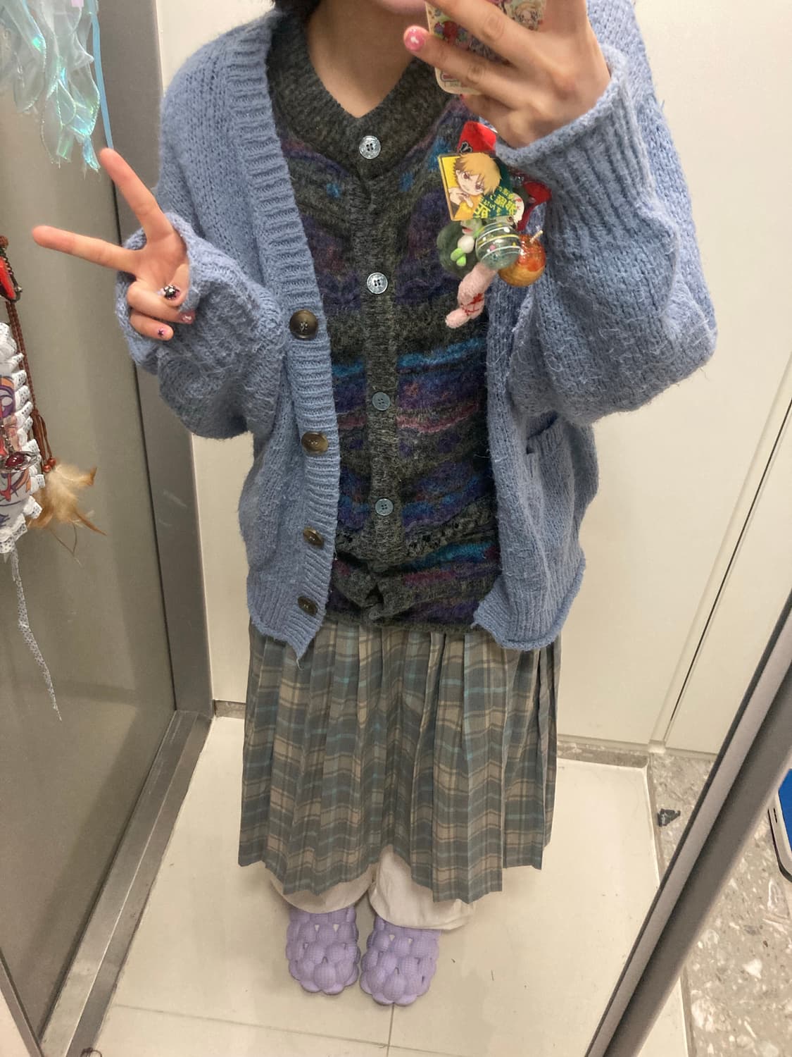 하구미룩 모리걸 스쿨룩 체크 랩스커트 하늘 가디건 케이블니트 베스트 츄바 상품이미지1