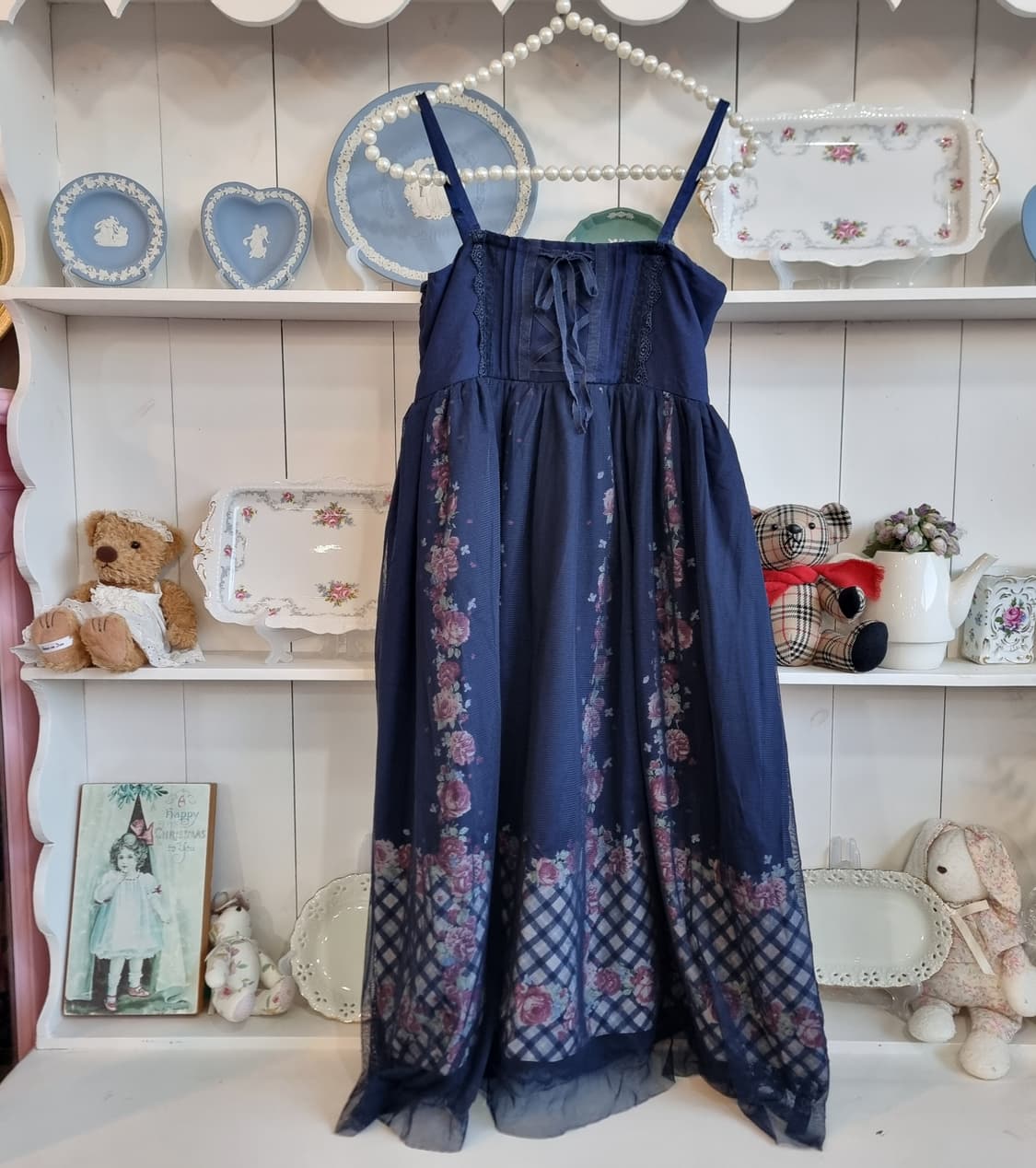 엑시즈팜(axes femme) 네이비 플로럴 체크 레이어드 원피스 상품이미지1