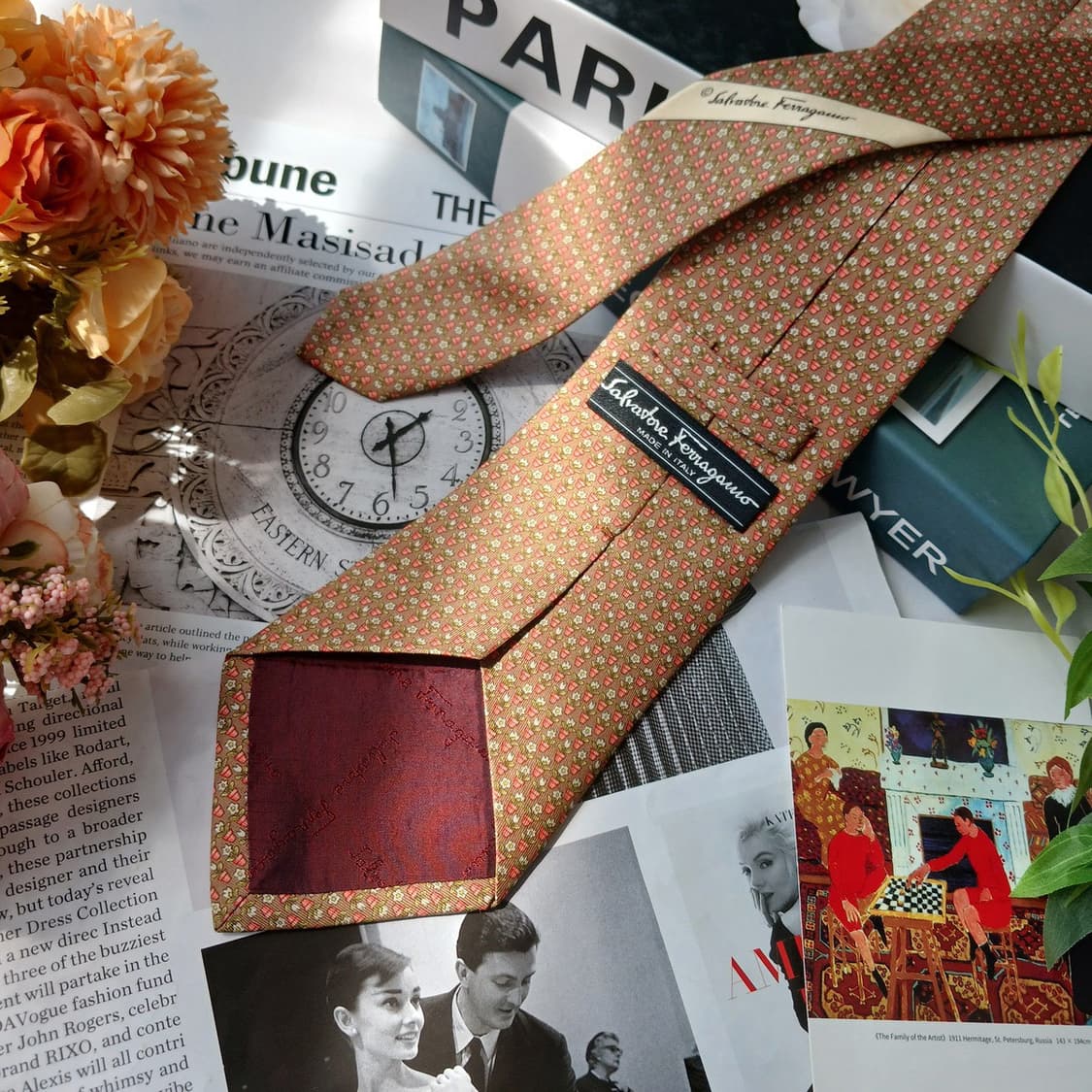 살바토레 페라가모 브라운 화분 패턴 넥타이 9.5cm A등급 E890 상품이미지5