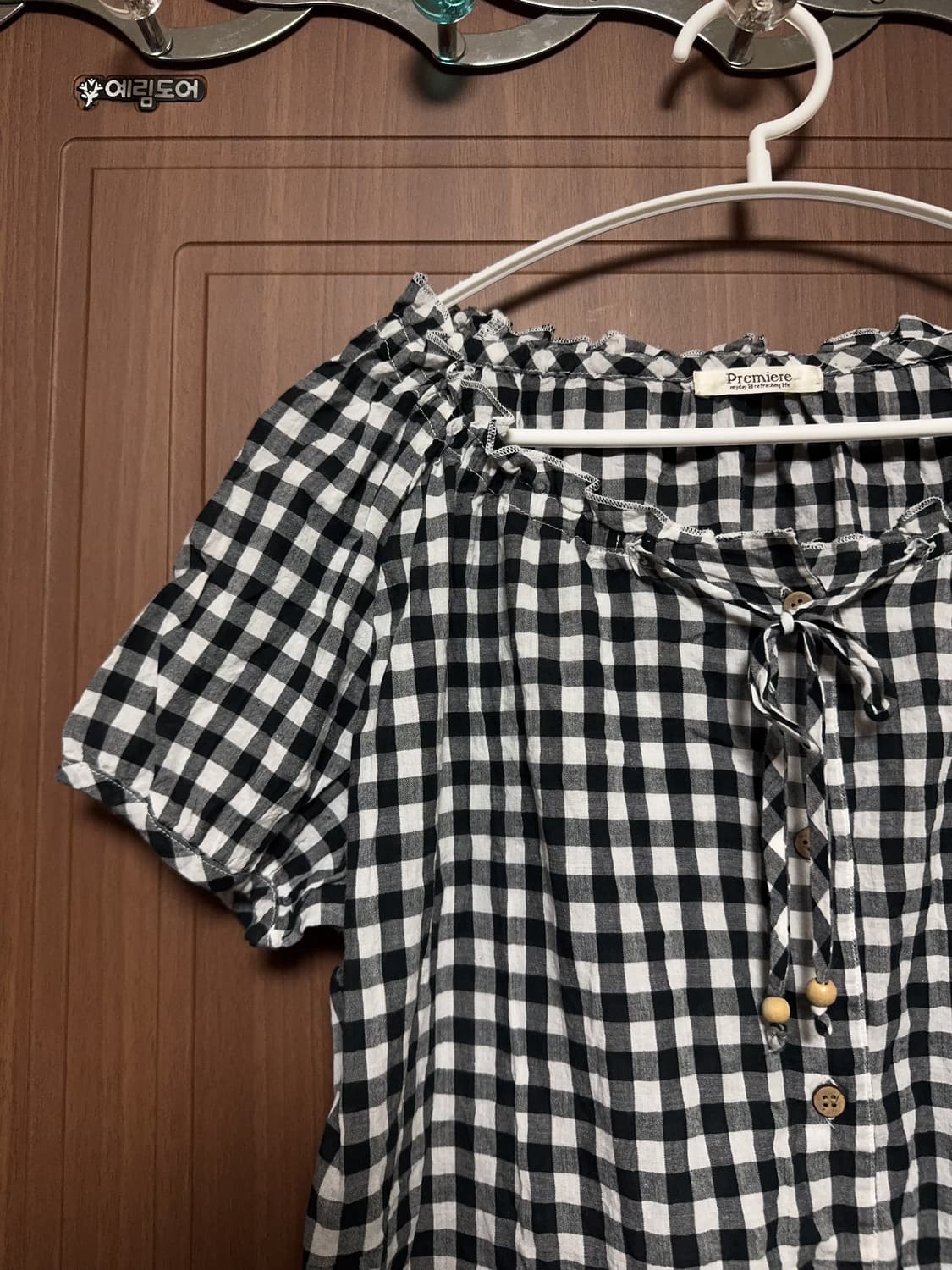 모리걸 하구미 일본 빈티지 깅엄체크 반팔 우드단추 포켓 원피스 상품이미지3