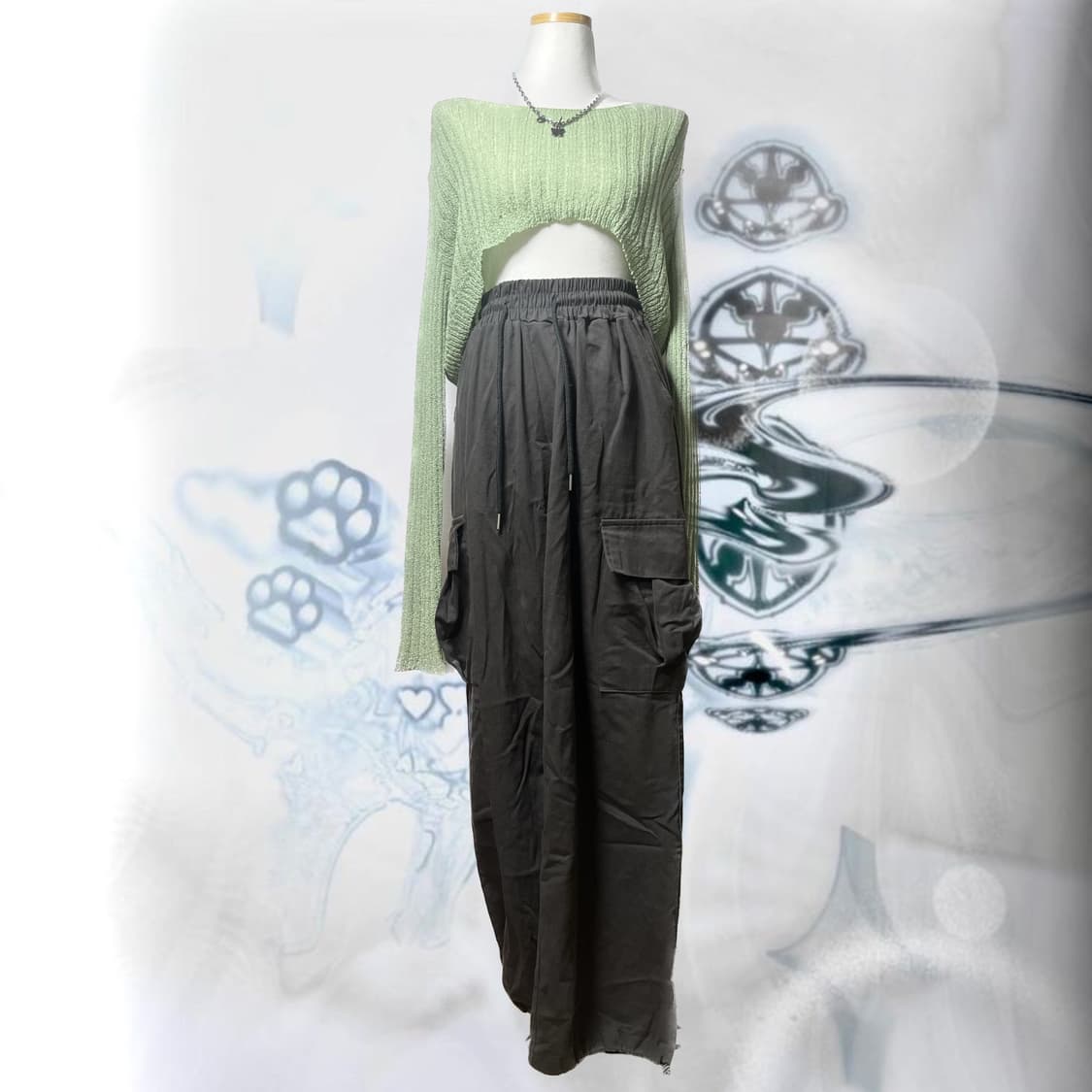 빈티지 올리브 크롭니트 + 차콜 카고 코디 set 상품이미지1