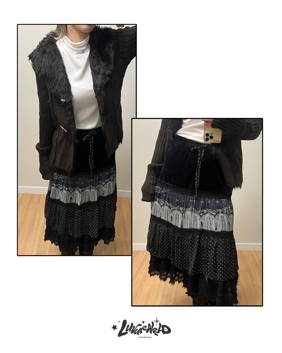 페이즐리 레이어드 미디 롱 스커트 모리걸 갸루 상품이미지5