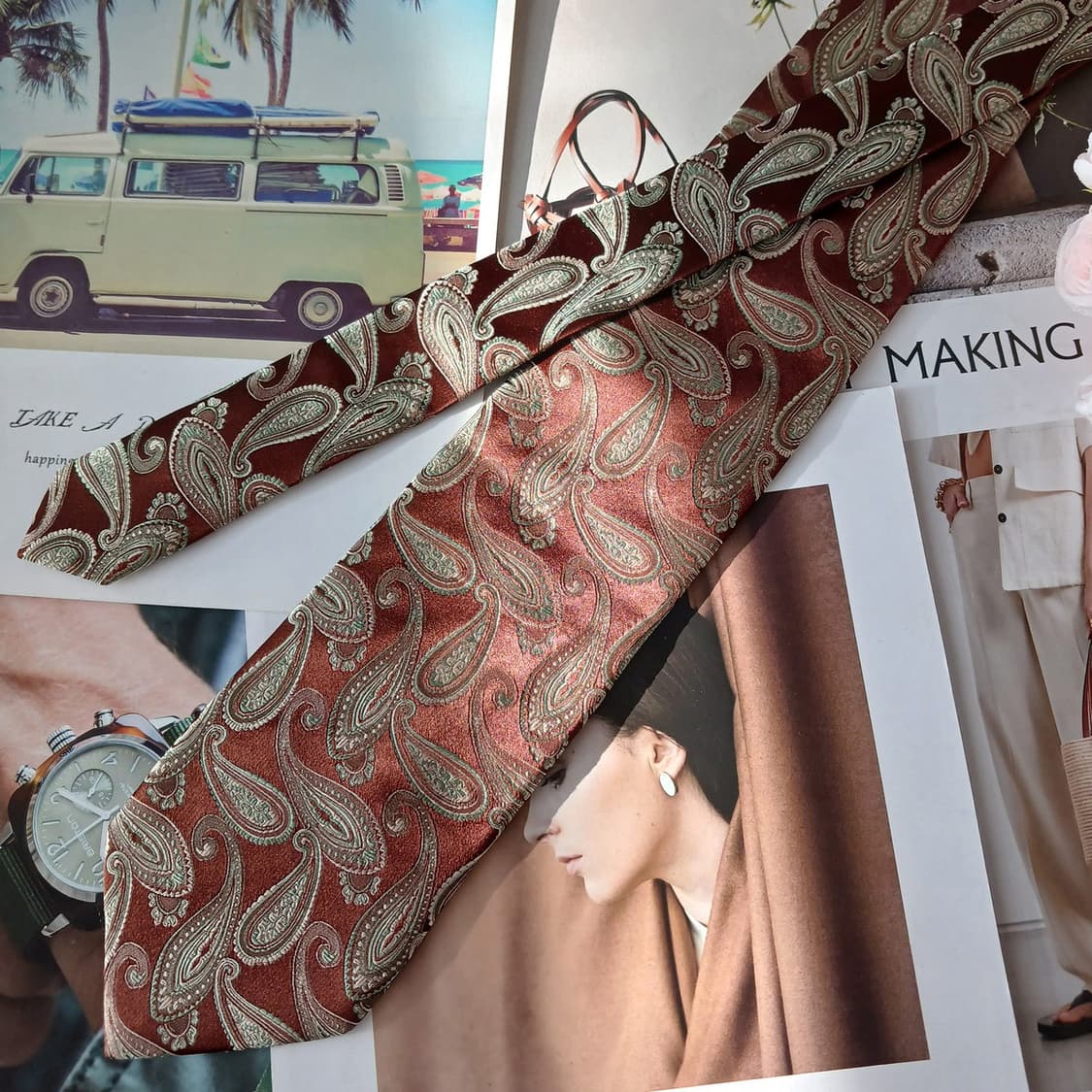 아쿠아스큐텀 실크 브라운 페이즐리 넥타이 9.1cm A+등급 A19453 상품이미지5