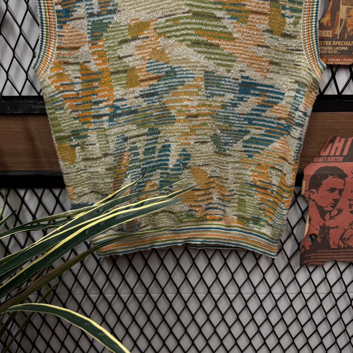 90s 미쏘니 스포츠 니트 베스트 멀티컬러 자가드 패턴 그린 상품이미지4