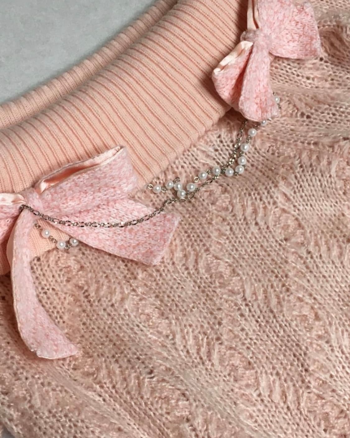 리즈리사 리본 진주 핑크 오프숄더 니트 라떼 히메 갸루 러블리 로걀 상품이미지2