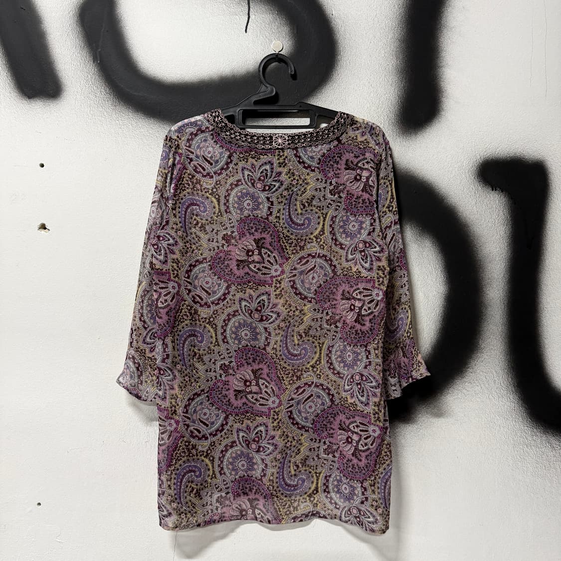 VTG 빈티지 리본 디테일 패턴 시스루 7부 롱 블라우스 탑 상품이미지2