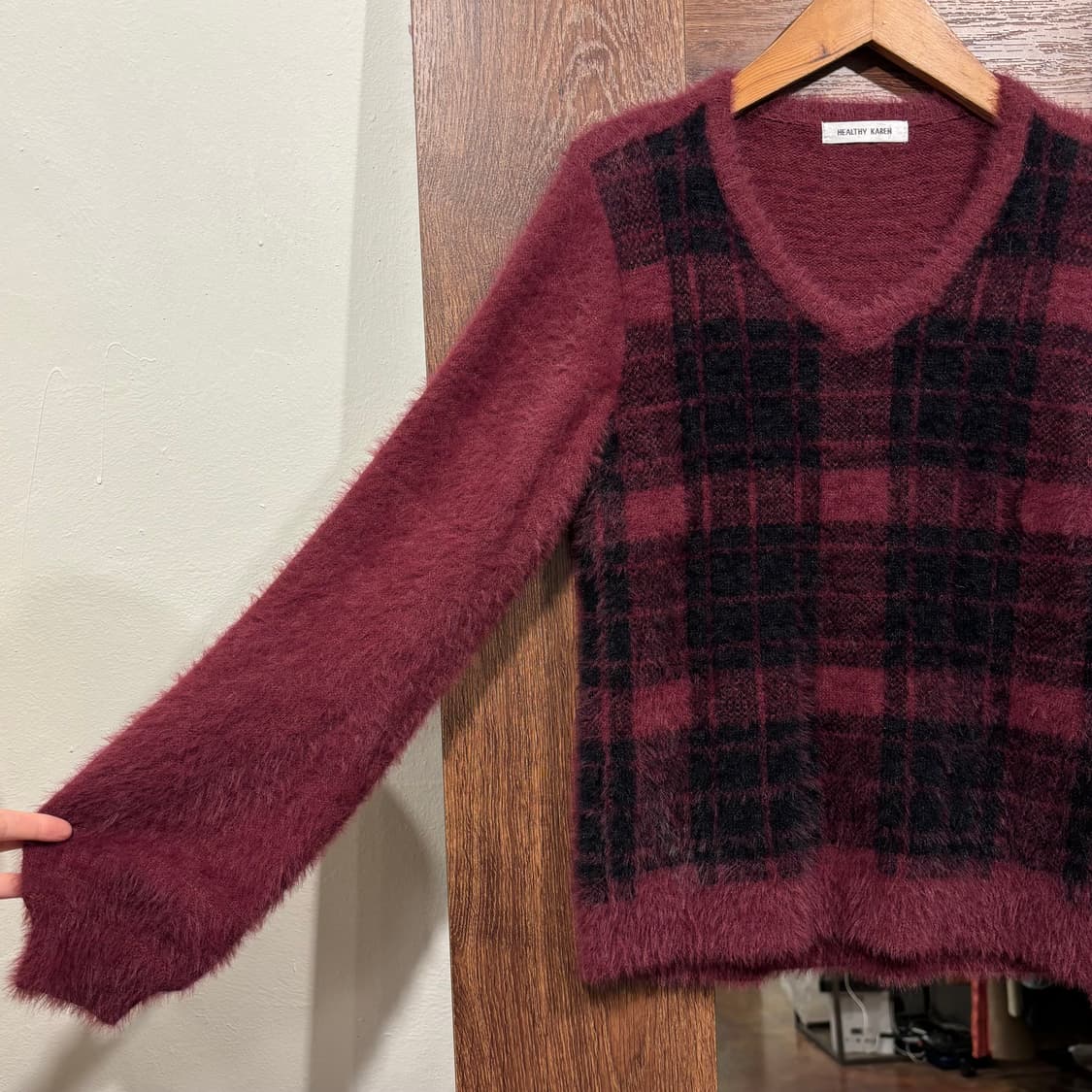 일본 빈티지 버건디 클래식 체크 프레피 브이넥 앙고라 퍼 니트 상품이미지7