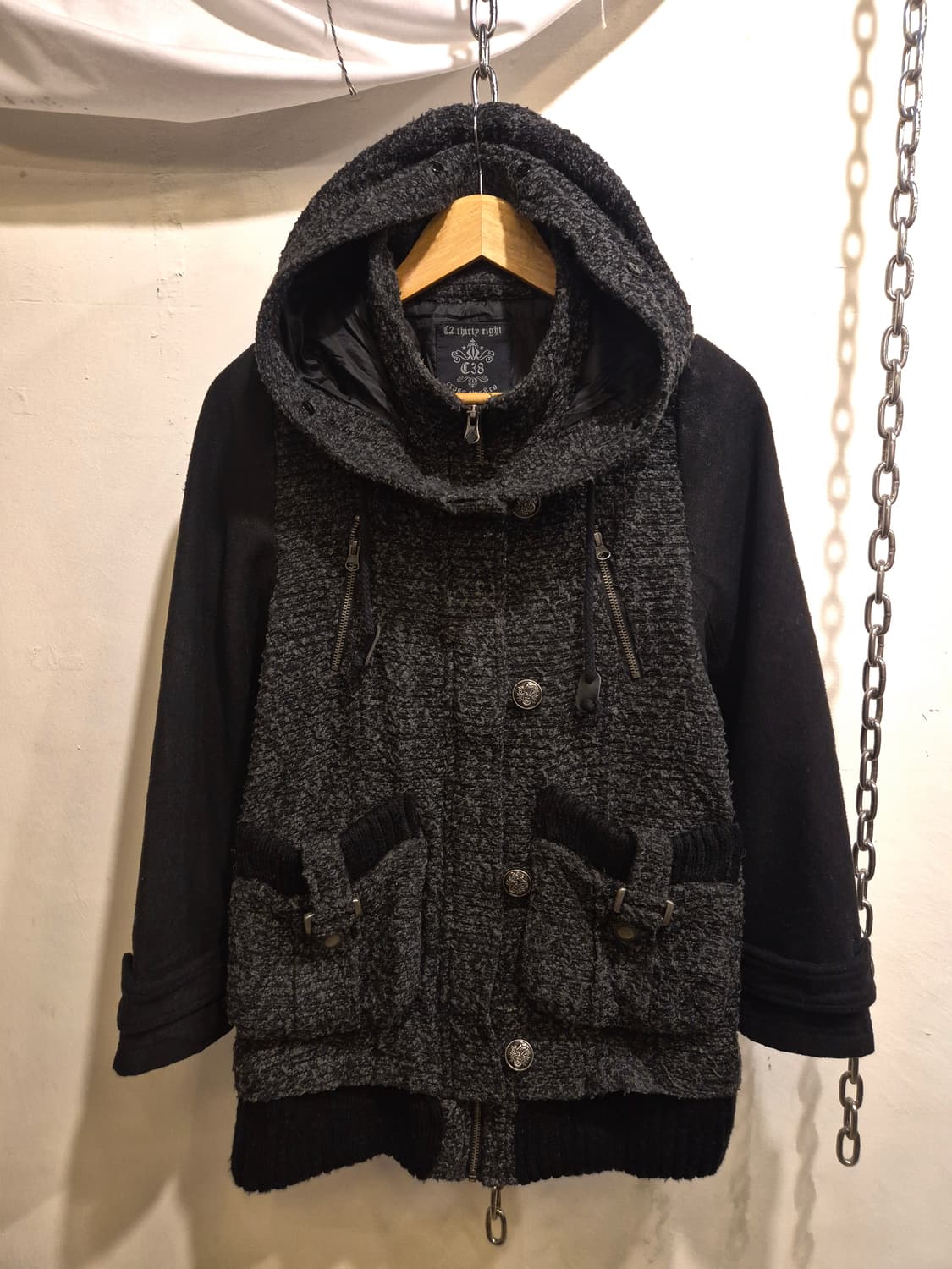 그레이 텍스쳐 음각 버튼 후드 집업 자켓 y2k 갸루 펑크 상품이미지2