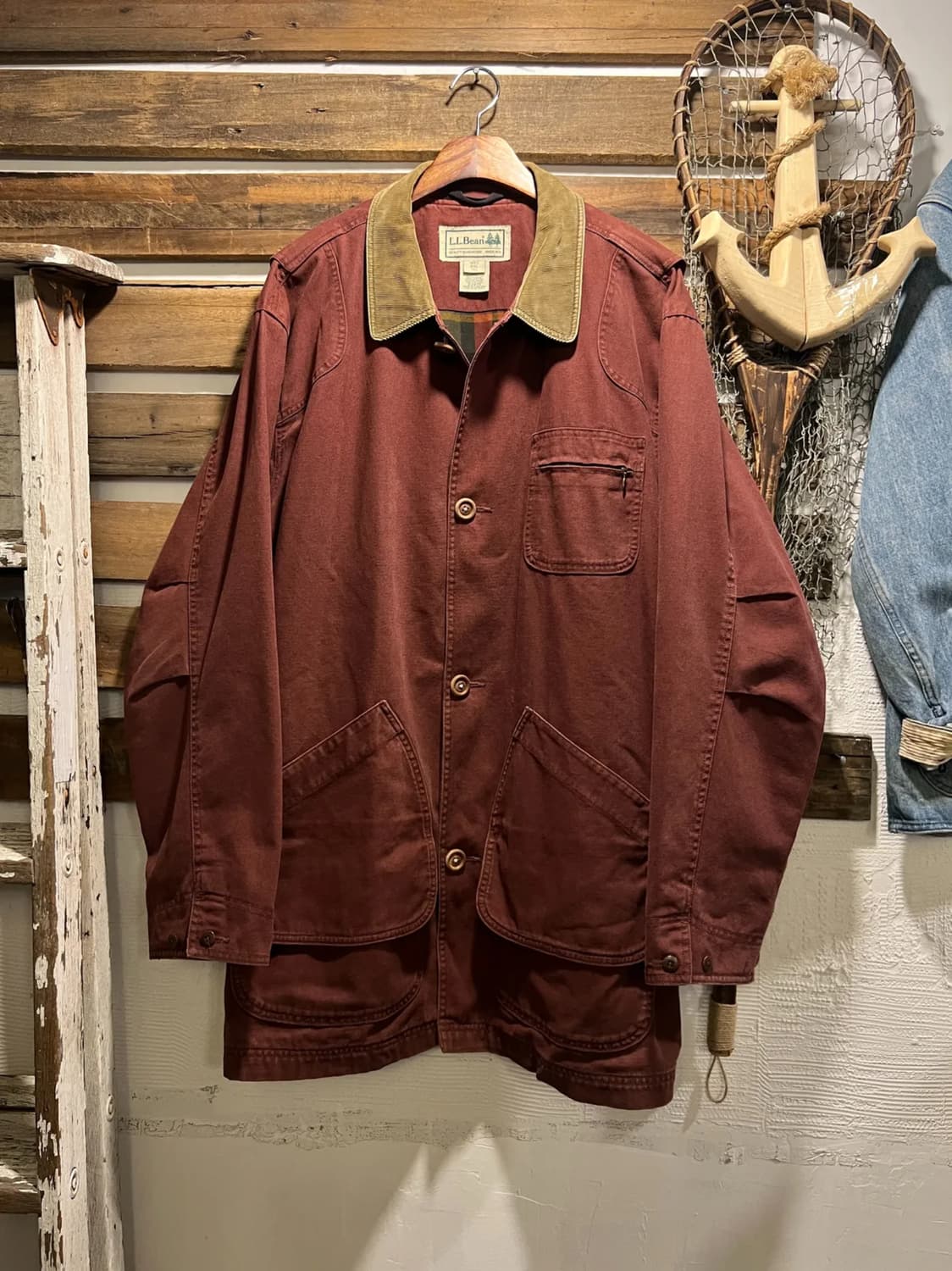 [2XL]L.L.Bean 엘엘빈 체크 라이닝 버건디 캔버스 초어 자켓 상품이미지1
