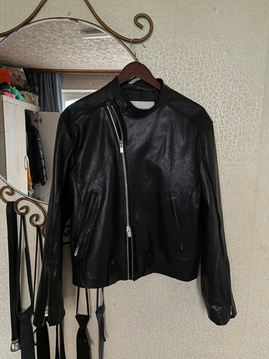 알레느LEATHER ASYMMETRIC BIKER JACKET BLACK 상품이미지2