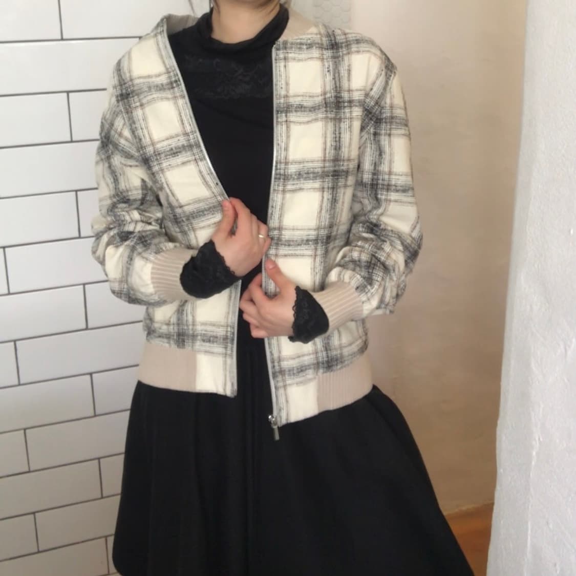 체크 패턴 집업 블루종 상품이미지2