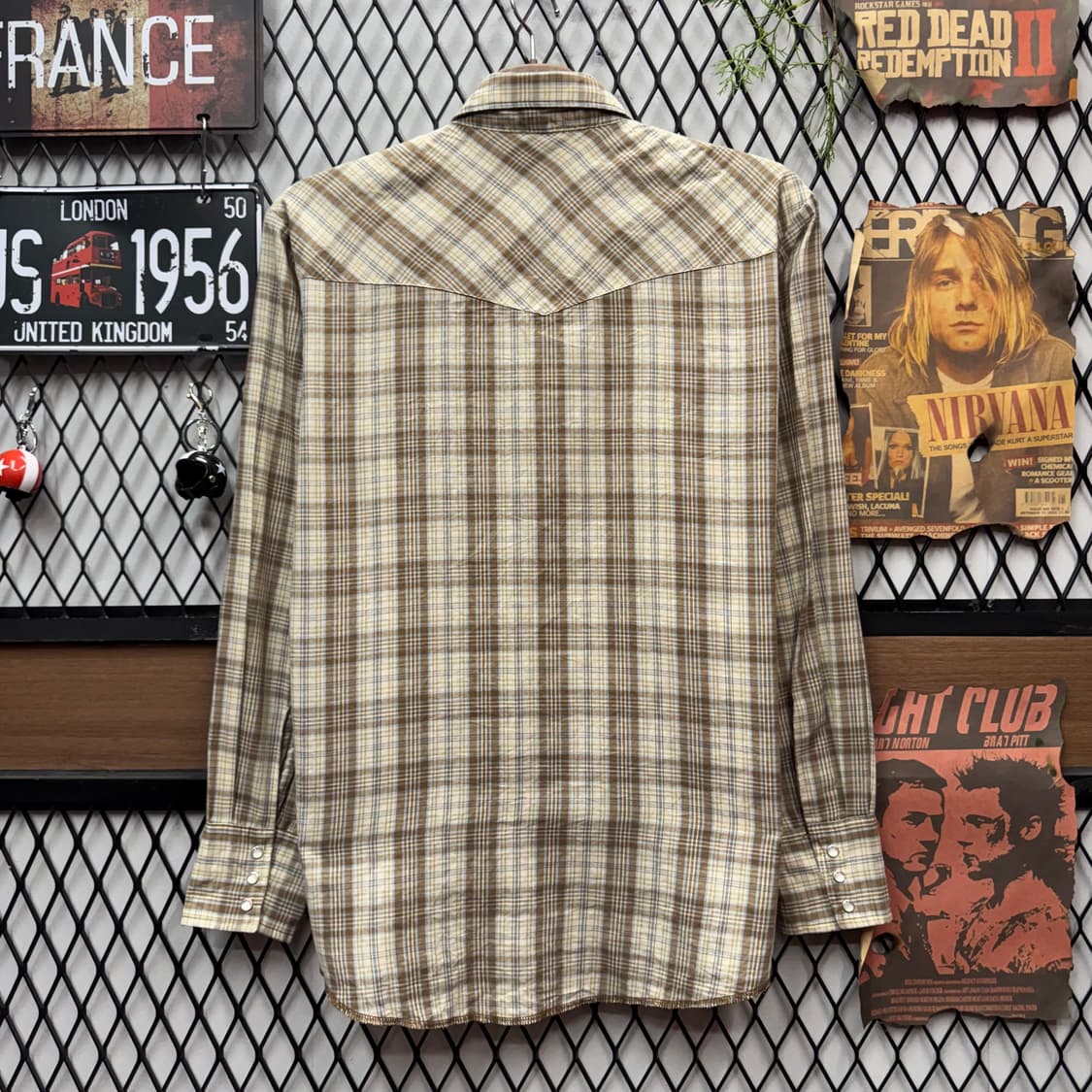 랭글러 체크 패턴 웨스턴 셔츠 전면 투포켓 포인트 아이보리 브라운 상품이미지2