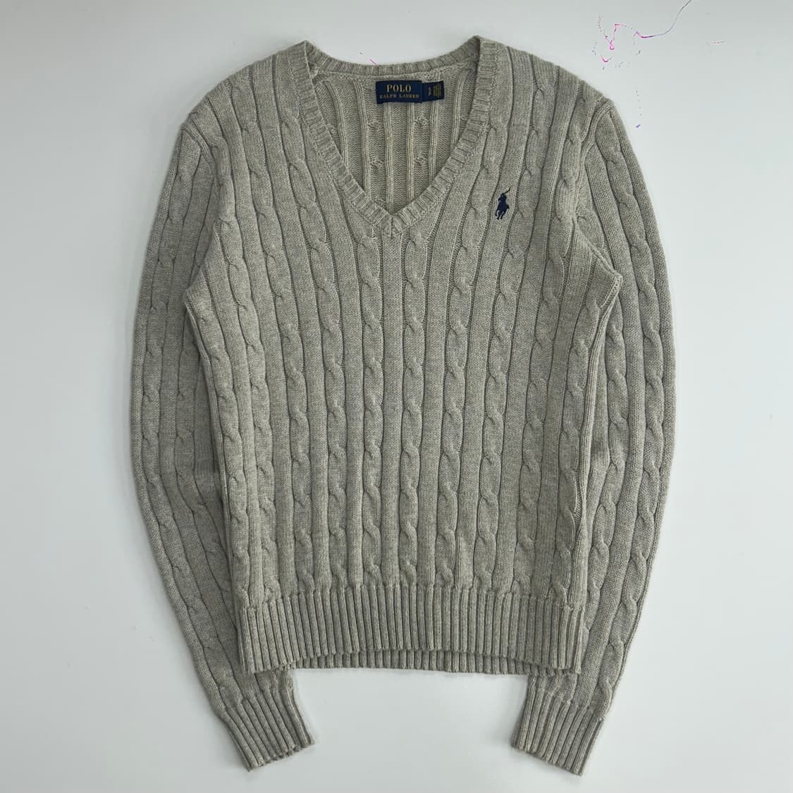 Polo 폴로 네이비포니 베이지 브이넥 케이블 니트 상품이미지3