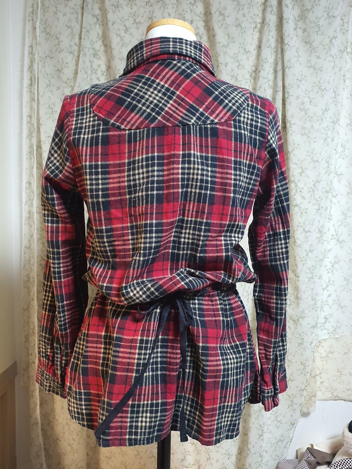 [빈티지] 3종 일괄 레드 체크 롱 셔츠 허리 스트랩 셔츠 상품이미지1
