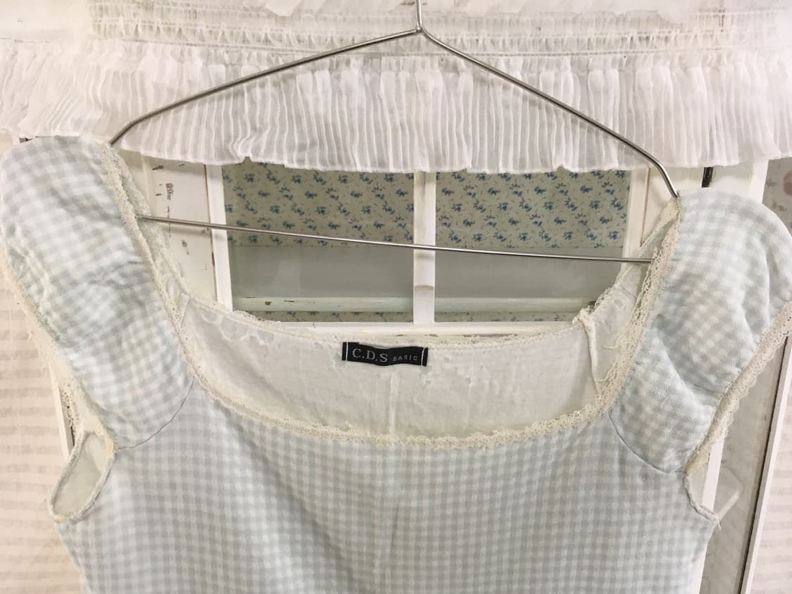 빈티지 핀터 로걀 민트 체크 오프숄더 블라우스 상품이미지6