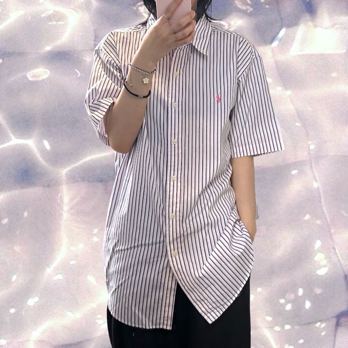 폴로 랄프로렌 스트라이프 반팔 셔츠 핑크 네이비  상품이미지1