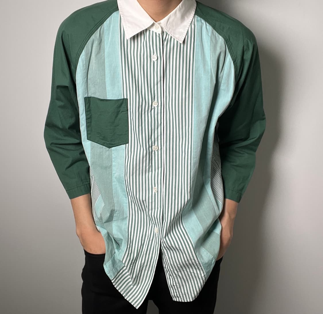 16ss 꼼데가르송 간류 그린 배색 스트라이프 패치워크 셔츠 M 상품이미지1