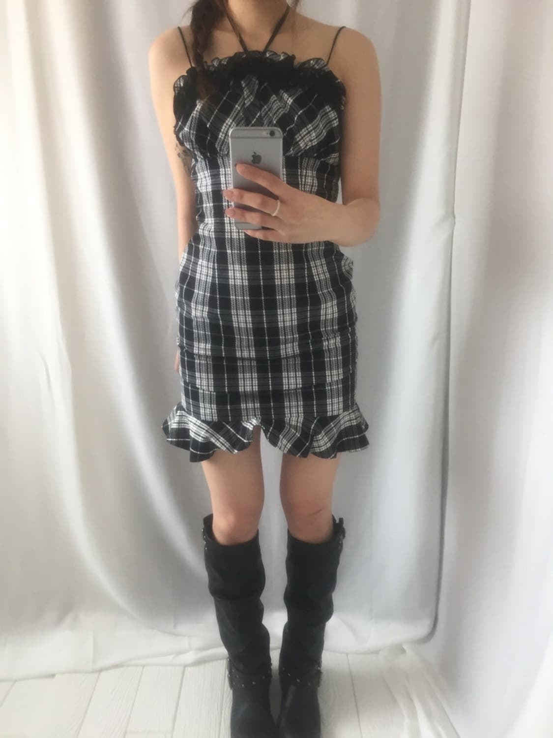 645.  black and white check slim mini dr 상품이미지7