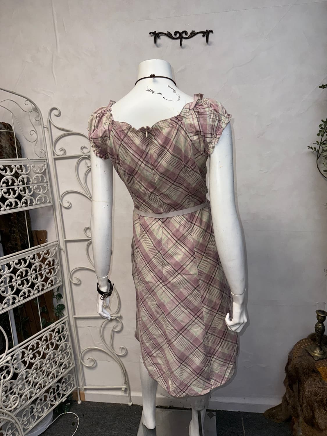 Mute pink check offshoulder shirring ops 상품이미지3