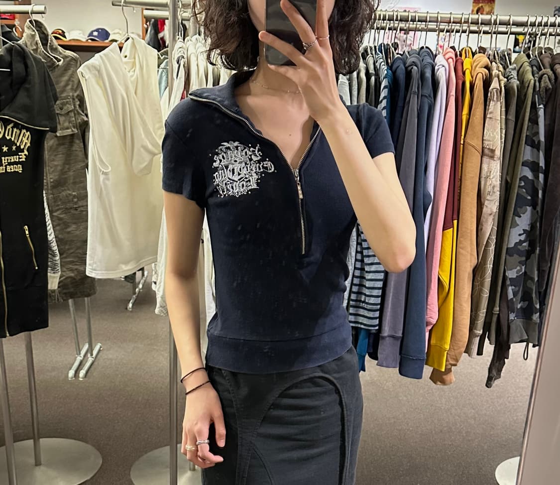 M)INGNI vintage 여성 자수 하프집업 반팔 상품이미지2