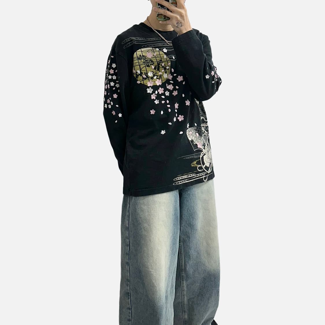 華鳥風月 오리엔탈 기모노 벚꽃 자수 롱슬리브 긴팔티셔츠 일본빈티지 상품이미지3