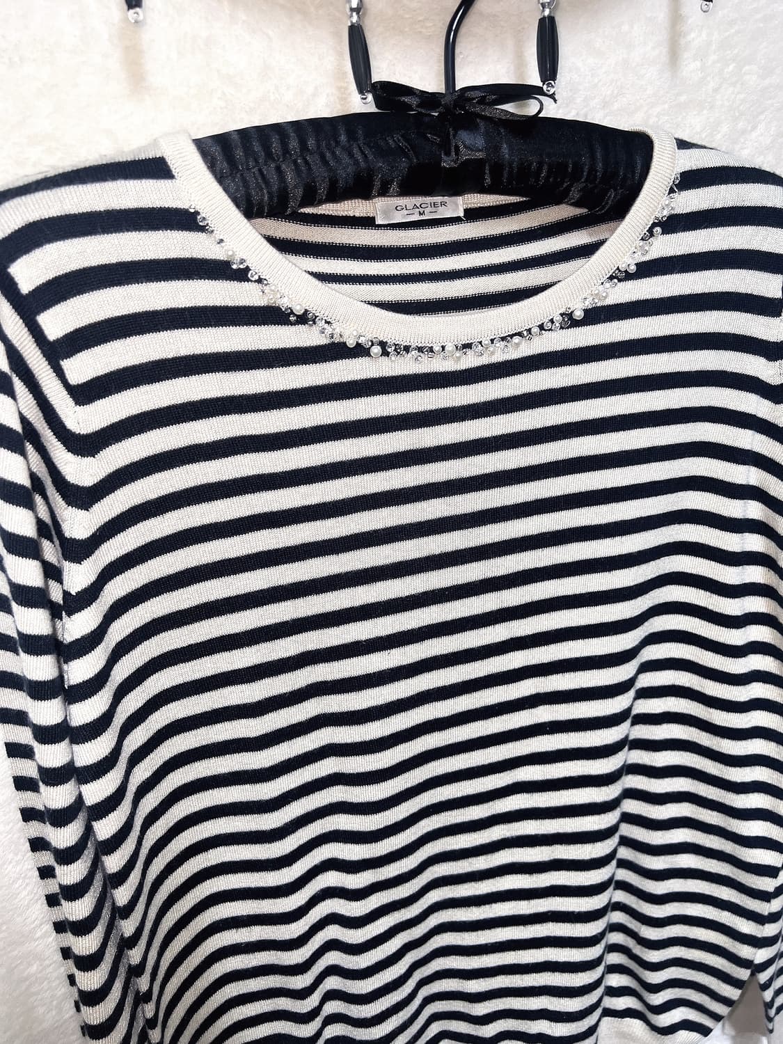 글래시어 GLACIER 로맨틱갸루 스트라이프 진주 로걀탑 라떼 러힙 너드 상품이미지6