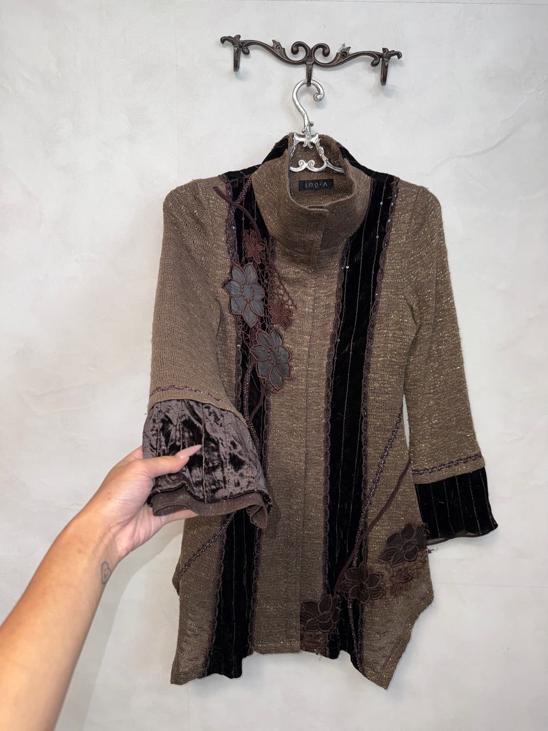 Brown oriental flower velvet knit ops 상품이미지5