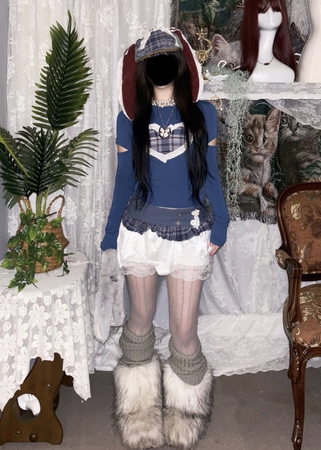 티엠디디케이 TMDDK 토끼 레이스 모자, 레이어드 스커트 빈티지 상품이미지1