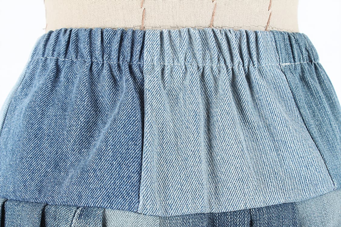 에드윈 데님패턴 배색 패치워크 언발 벌룬 밴딩 A라인 플레어 미니 청치마 상품이미지6