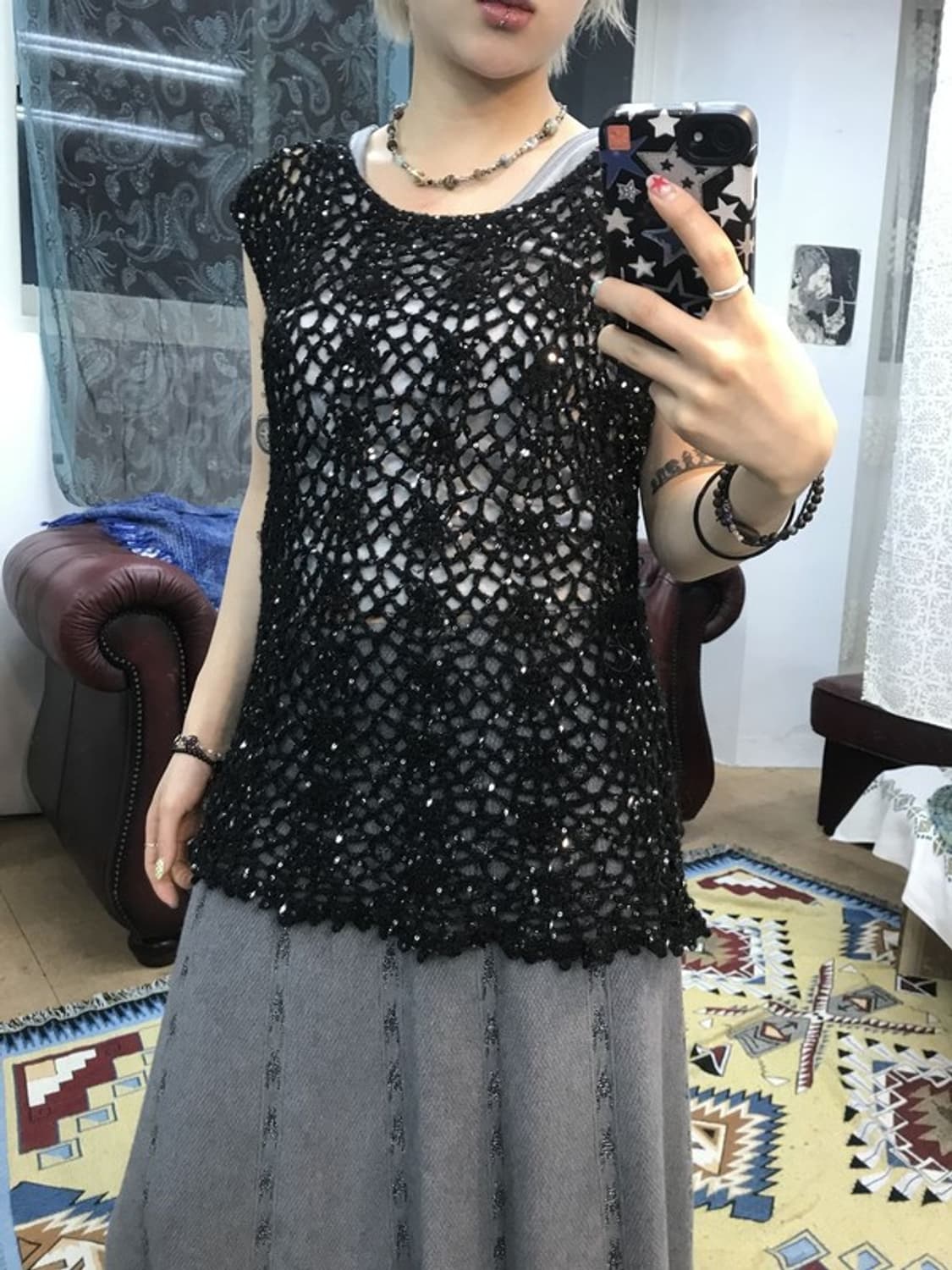 제페니즈 빈티지 여성 스팽글 그물 니트 베스트 상품이미지1