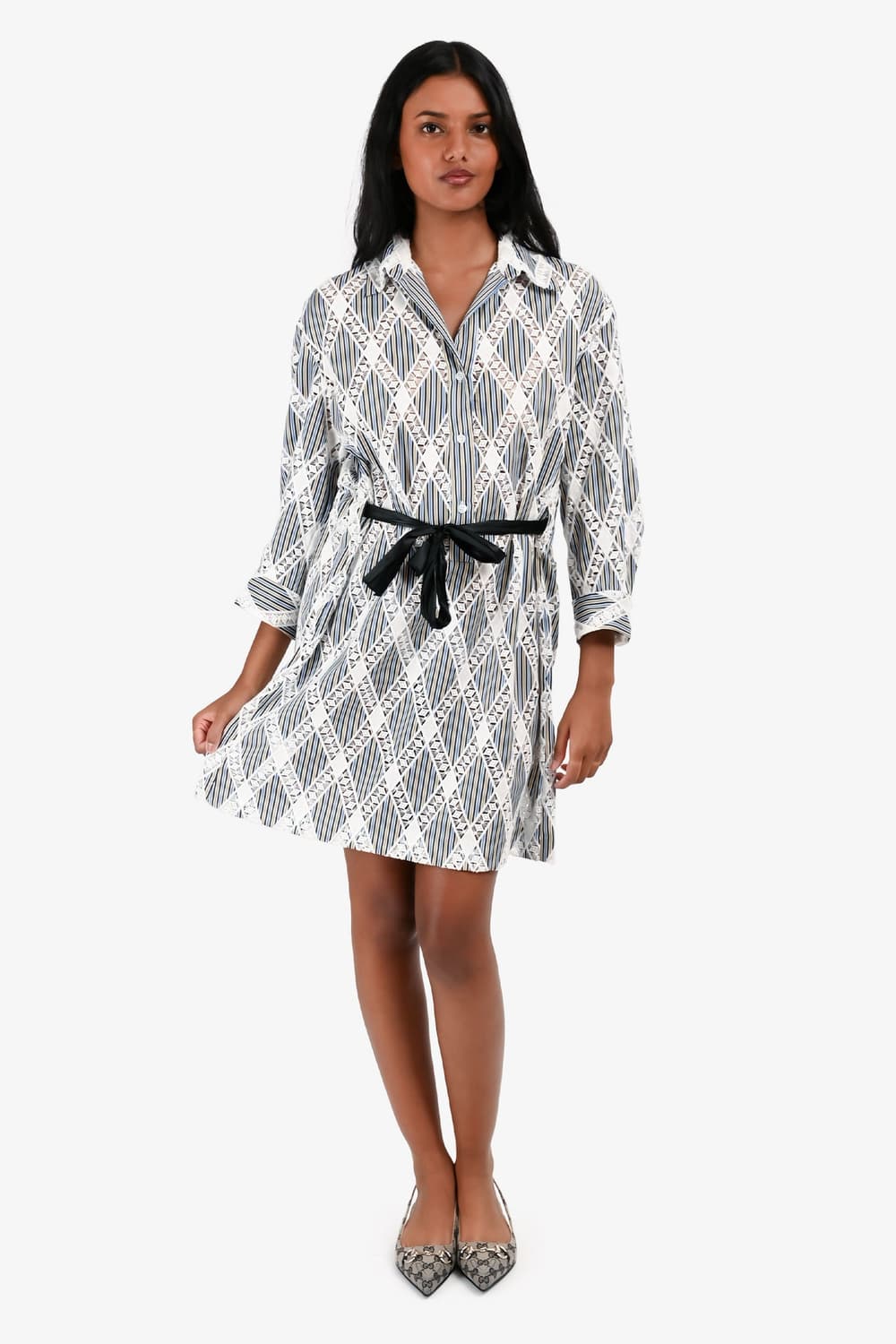 산드로 블루/화이트 스트라이프 코튼/레이스 셔츠 드레스 상품이미지1