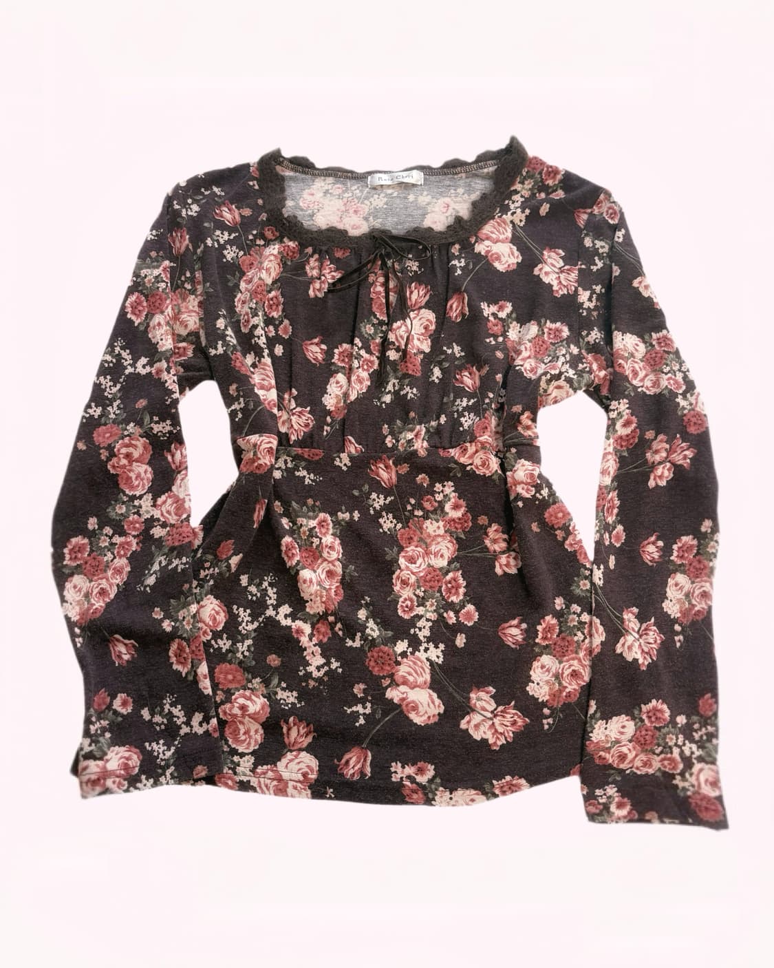 Rosa Cherry 로사체리 장미 패턴 브라운 레이스 포인트 긴팔 티 상품이미지1