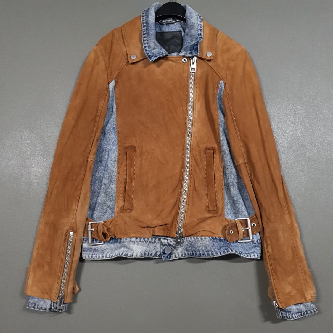 여성 S) 올세인츠 염소 스웨이드 지퍼 디테일 플레임 바이커 데님 자켓 상품이미지1