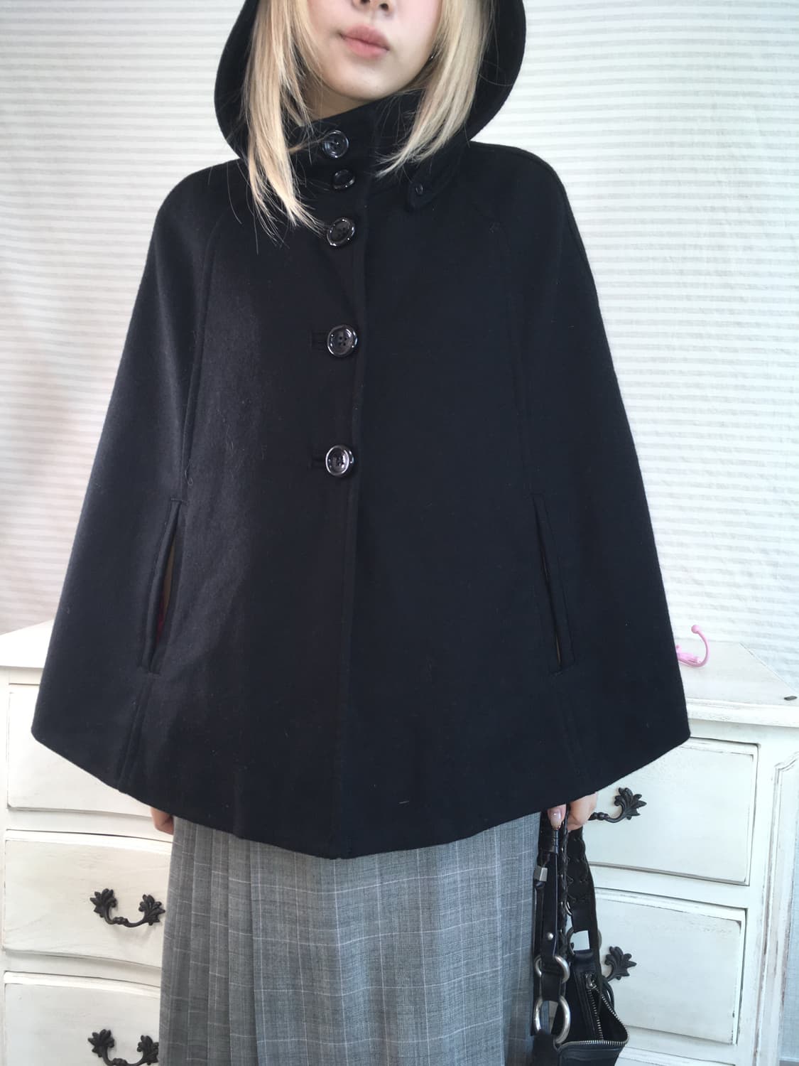 일본빈티지 블랙 케이프 울 후드 코트 상품이미지3