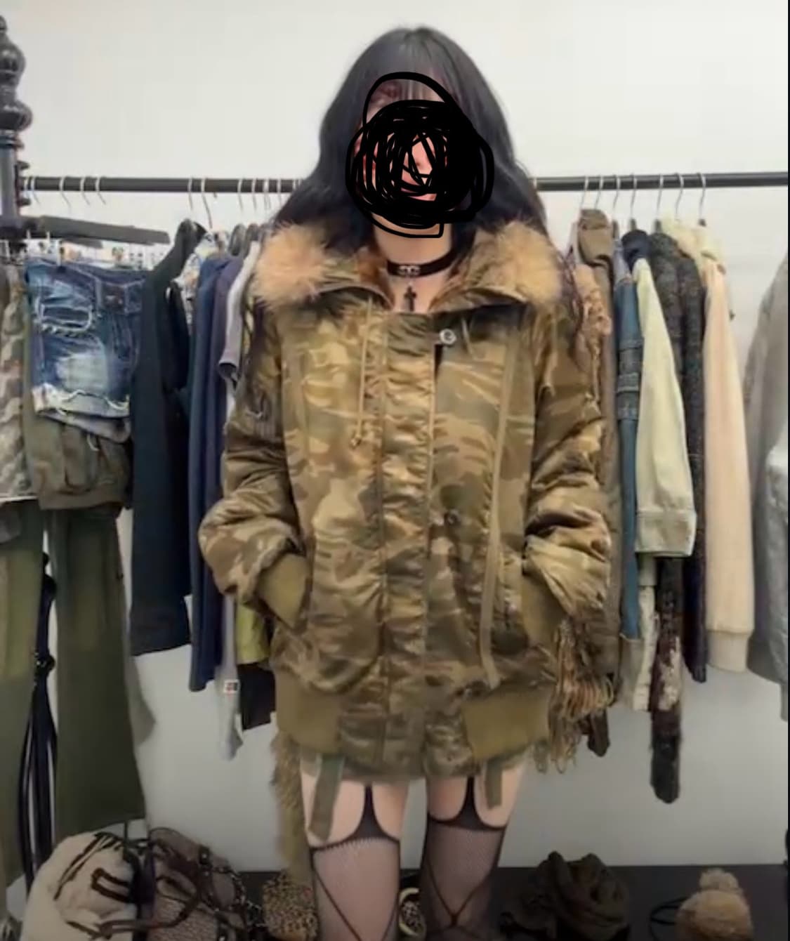 큐빈티지 카모 퍼 패딩 퍼자켓 갸루 y2k 파우닝 샵502 와이즈걸 상품이미지1