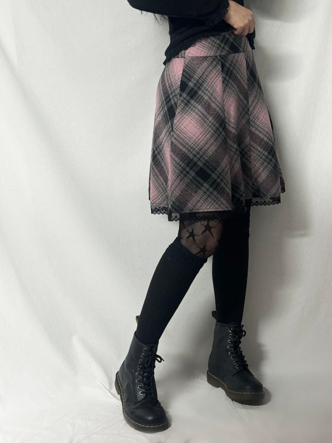 울 블렌디트 체크 글리터 패턴 레이스 밑단 스커트 상품이미지1