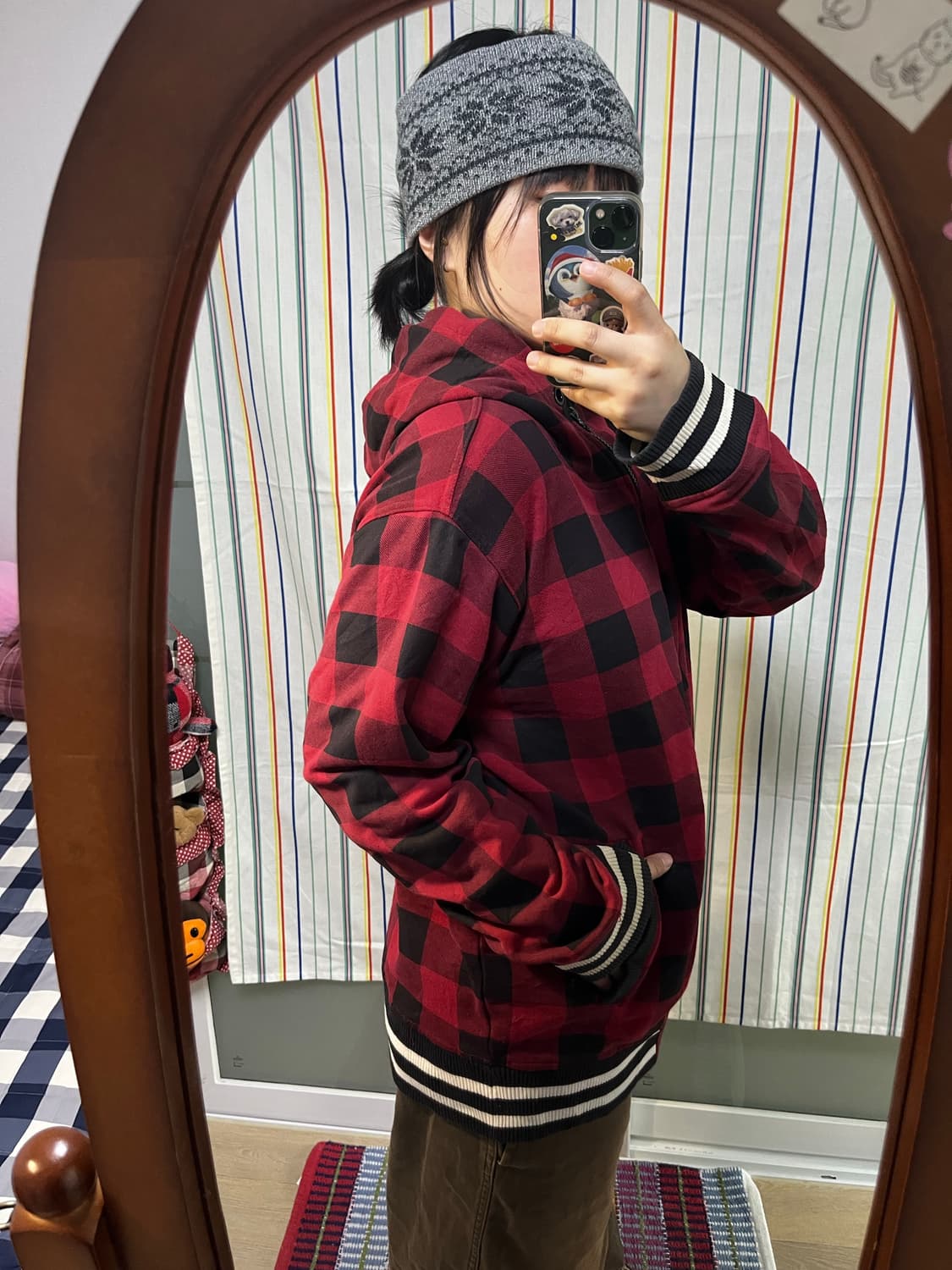 One after99 레드 체크 후드집업 상품이미지4