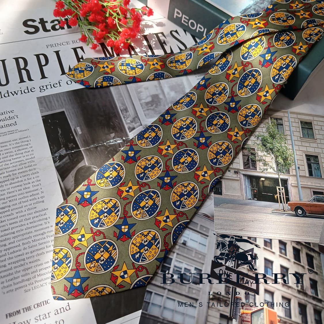 버버리 실크 올리브그린 문장 패턴 넥타이 9.6cm A등급 E771 상품이미지2