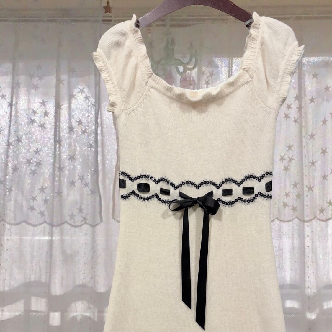 일본 빈티지 아이보리 앙고라 니트 오프숄더 원피스 달천 갸루 상품이미지6