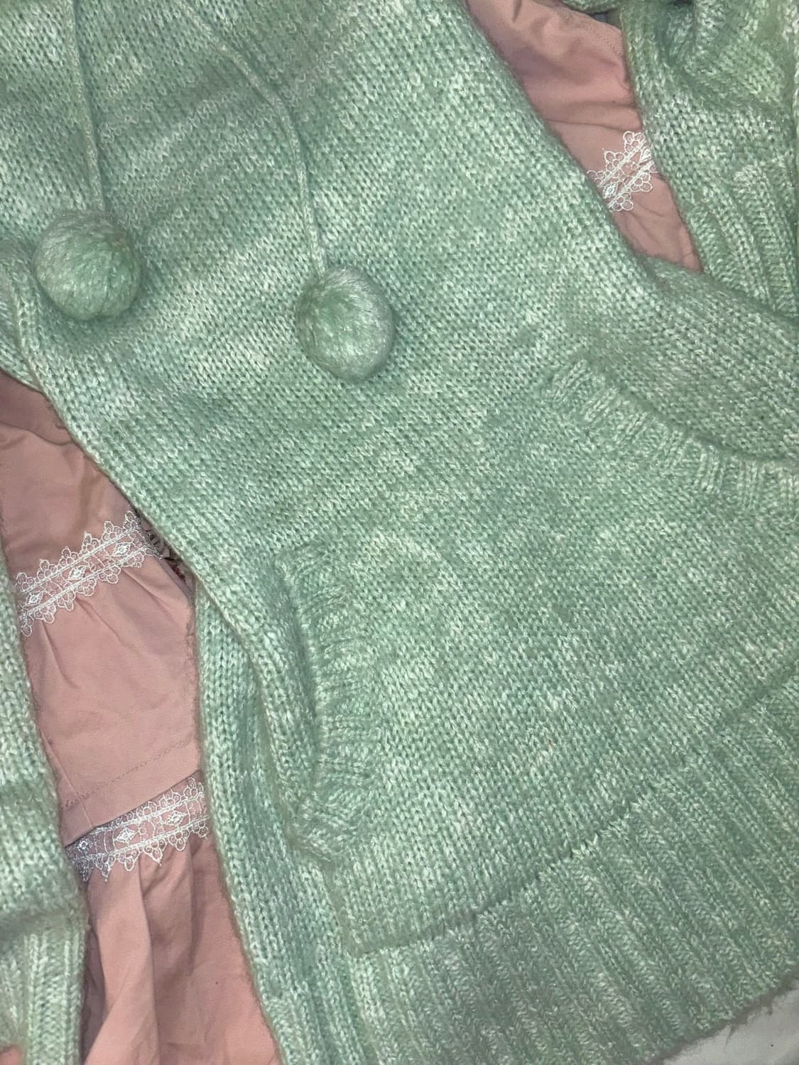 빈티지 모리 갸루 민트 글리터 폼폼이 니트 후드 원피스 상품이미지1