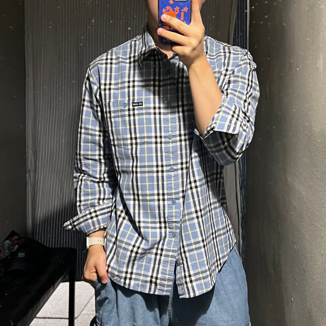 LEE 리 90s 네이비 블루 타탄체크 투포켓 아메카지 남방 셔츠 상품이미지2