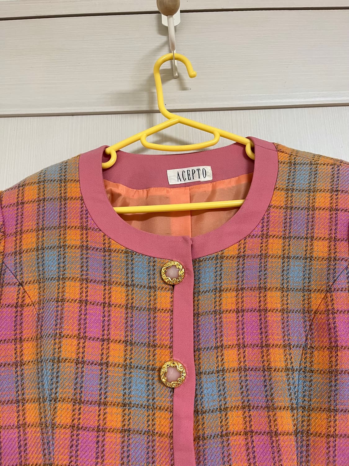 ACEPTO 핑크 체크 트위드 울100 자켓 상품이미지3
