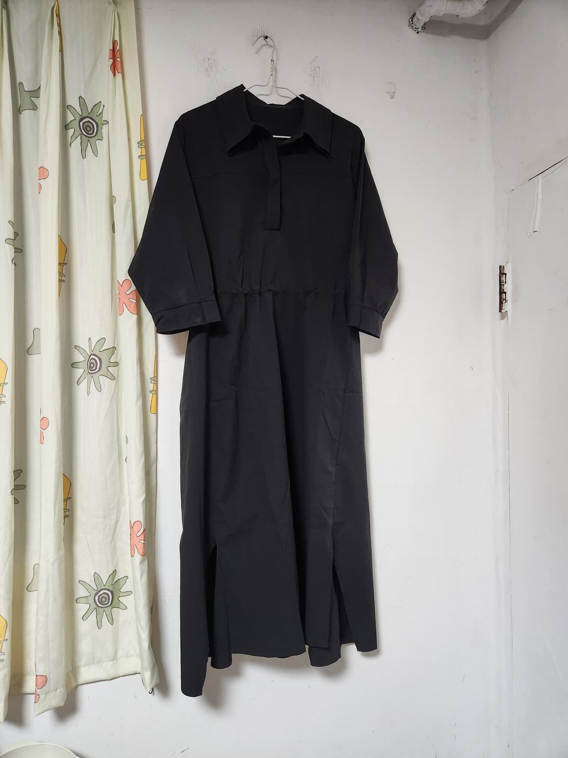 블랙 셔츠형 칠부소매 롱 원피스 트임 77~88 상품이미지1